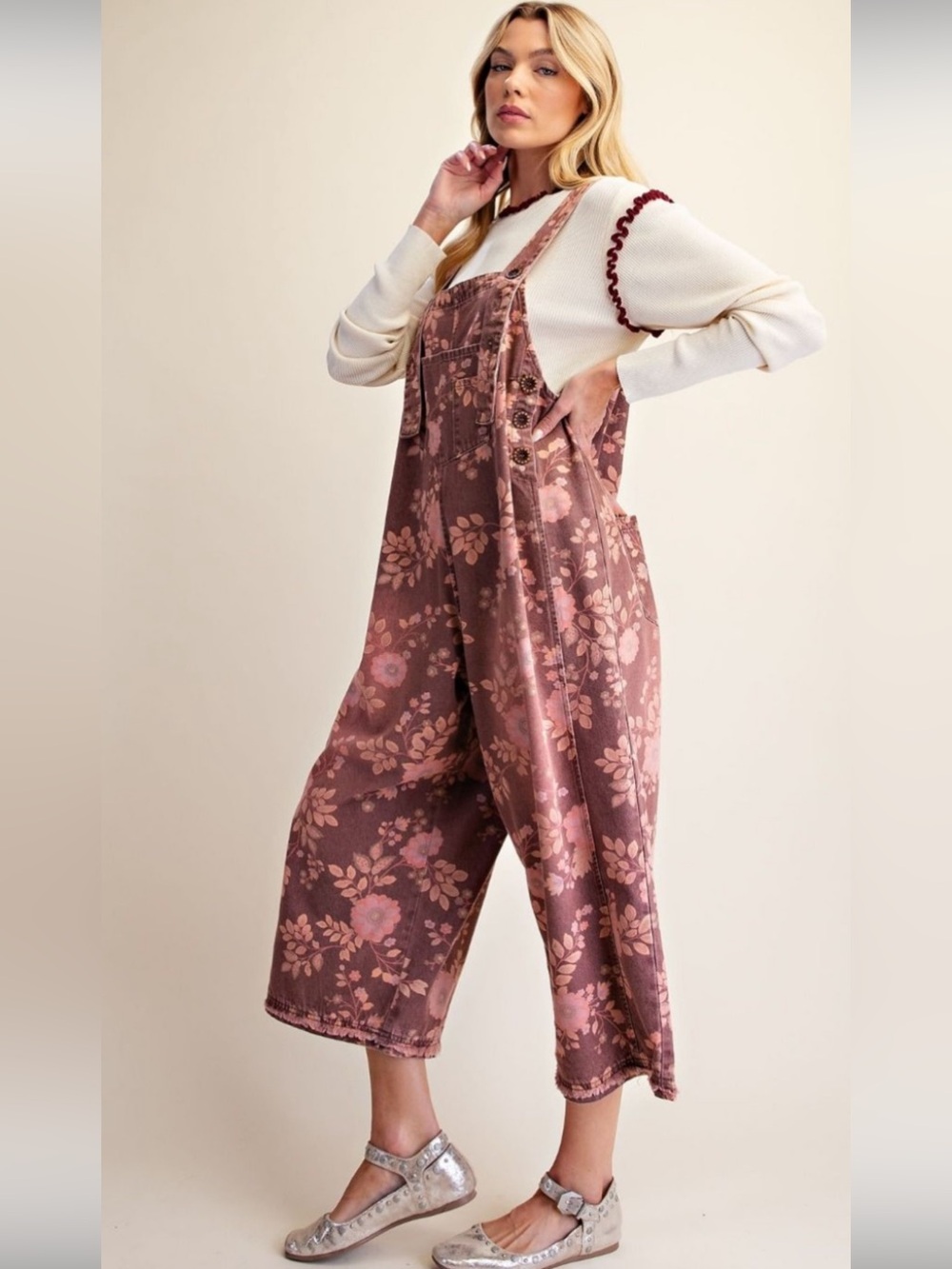 432 EASEL FLORAL PRINTED WASHED DENIM
JUMPSUIT OVERALLS